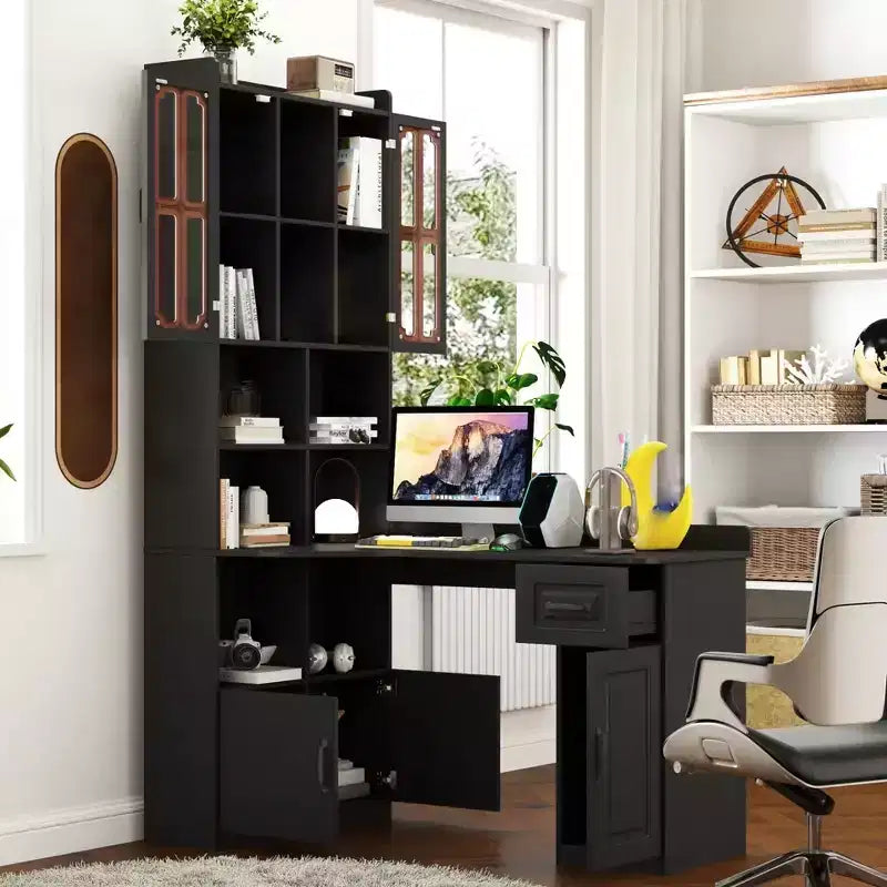 Scrivania ad angolo per computer con credenza, cassetto e libreria - Nero, Scrivania da gaming ad angolo