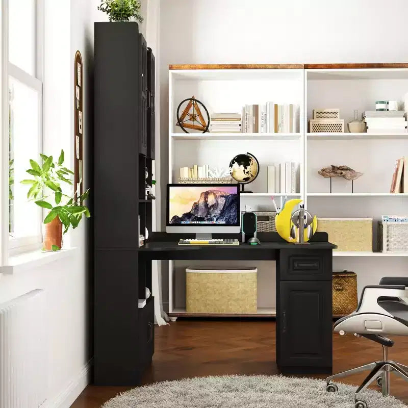 Scrivania ad angolo per computer con credenza, cassetto e libreria - Nero, Scrivania da gaming ad angolo
