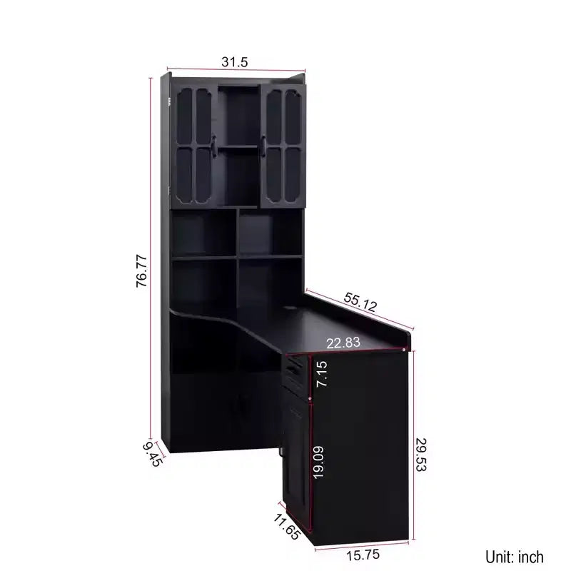 Scrivania ad angolo per computer con credenza, cassetto e libreria - Nero, Scrivania da gaming ad angolo