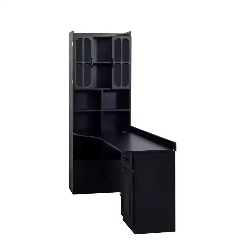 Scrivania ad angolo per computer con credenza, cassetto e libreria - Nero, Scrivania da gaming ad angolo