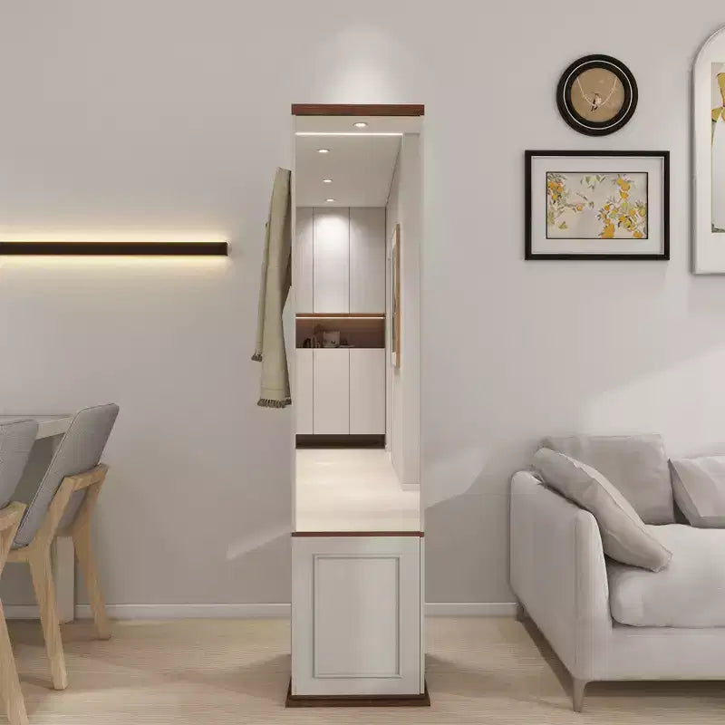 Mobile Contenitore Girevole a 360° con Specchio a Figura Intera, Bianco Antico, 7 Ripiani