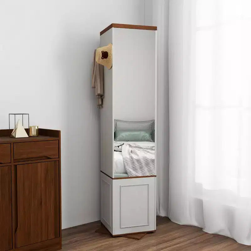Mobile Contenitore Girevole a 360° con Specchio a Figura Intera, Bianco Antico, 7 Ripiani
