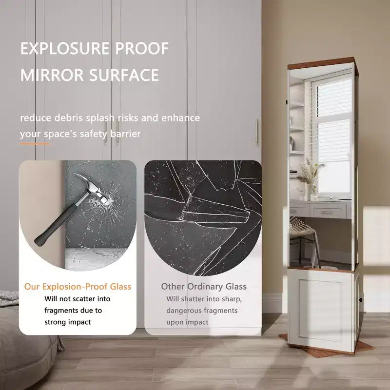 Mobile Contenitore Girevole a 360° con Specchio a Figura Intera, Bianco Antico, 7 Ripiani