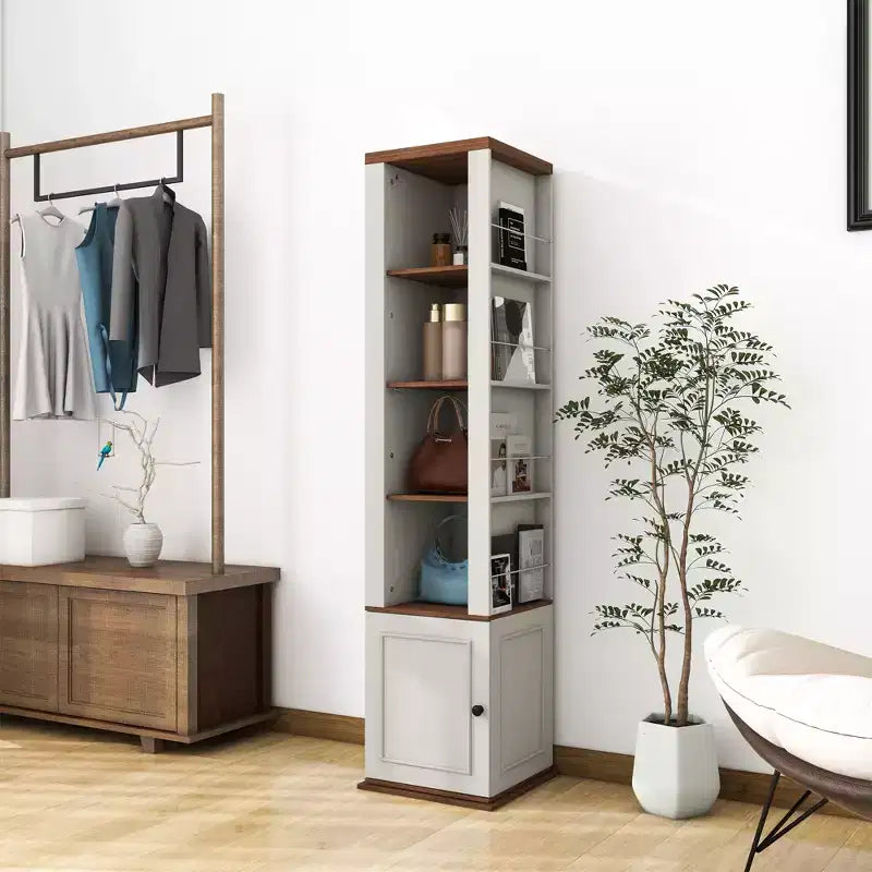 Mobile Contenitore Girevole a 360° con Specchio a Figura Intera, Bianco Antico, 7 Ripiani