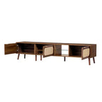 Mobile TV Mid-Century con ante in rattan per TV da 85", noce, gambe in legno massello