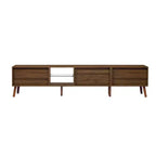 Mobile TV Mid-Century con ante in rattan per TV da 85", noce, gambe in legno massello