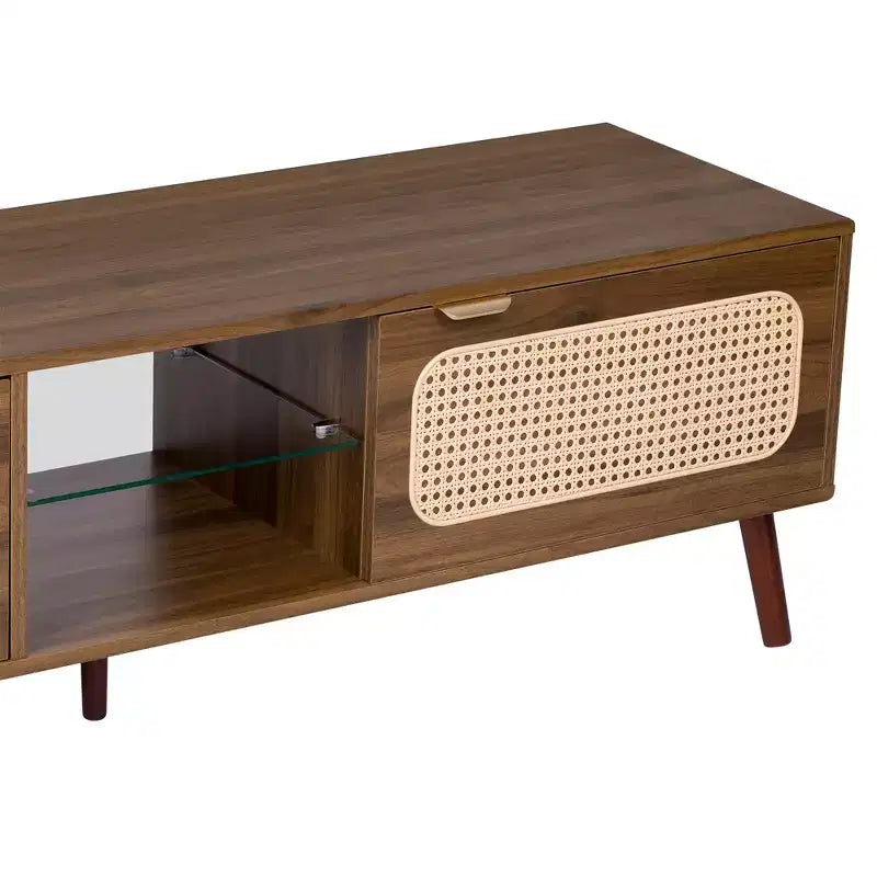 Mobile TV Mid-Century con ante in rattan per TV da 85", noce, gambe in legno massello
