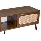 Mobile TV Mid-Century con ante in rattan per TV da 85", noce, gambe in legno massello