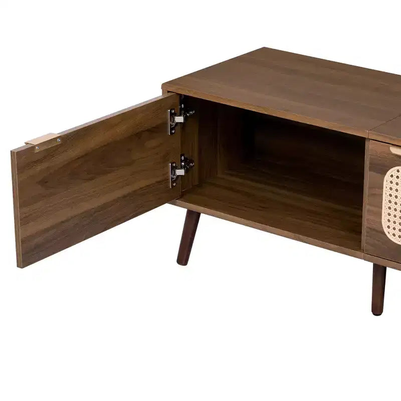 Mobile TV Mid-Century con ante in rattan per TV da 85", noce, gambe in legno massello