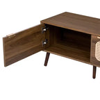 Mobile TV Mid-Century con ante in rattan per TV da 85", noce, gambe in legno massello