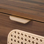 Mobile TV Mid-Century con ante in rattan per TV da 85", noce, gambe in legno massello