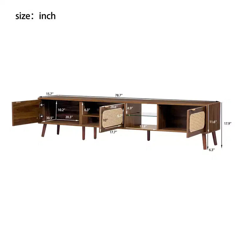Mobile TV Mid-Century con ante in rattan per TV da 85", noce, gambe in legno massello