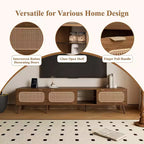 Mobile TV Mid-Century con ante in rattan per TV da 85", noce, gambe in legno massello