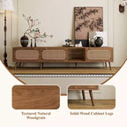 Mobile TV Mid-Century con ante in rattan per TV da 85", noce, gambe in legno massello