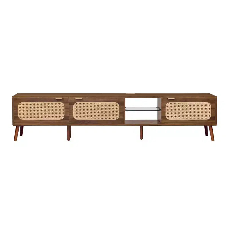 Mobile TV Mid-Century con ante in rattan per TV da 85", noce, gambe in legno massello