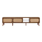 Mobile TV Mid-Century con ante in rattan per TV da 85", noce, gambe in legno massello