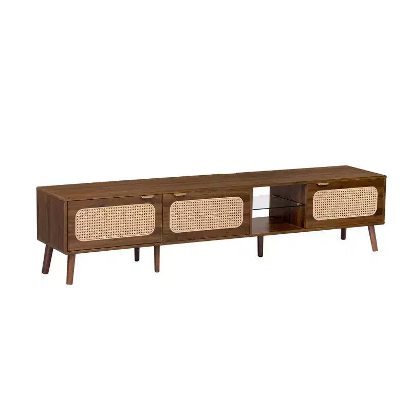 Mobile TV Mid-Century con ante in rattan per TV da 85", noce, gambe in legno massello