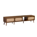 Mobile TV Mid-Century con ante in rattan per TV da 85", noce, gambe in legno massello