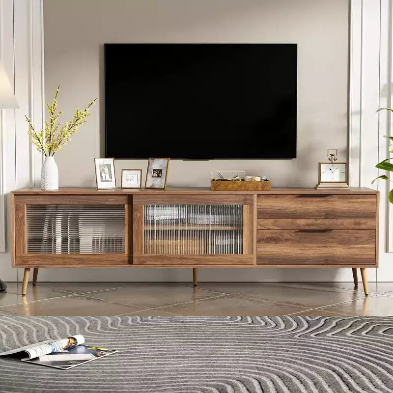 Vintage TV Stand with Fluted Glass Doors for 75 inch TV, Wood TV Storage Cabinet Table with Drawers and Solid Wood Legs for Living Room, Walnut