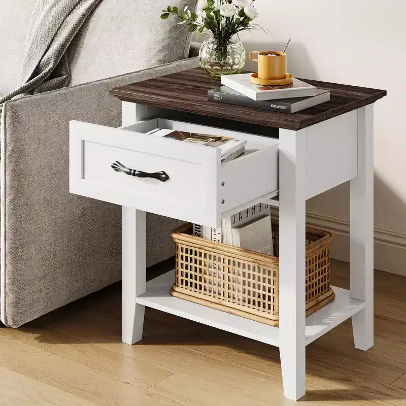 Comodino con cassetto portaoggetti e ripiano aperto - Tavolino da divano in stile rustico per camera da letto/soggiorno
