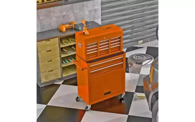 Cassettiera portautensili a 8 cassetti con ruote - Arancione, ruote bloccabili, officina/magazzino