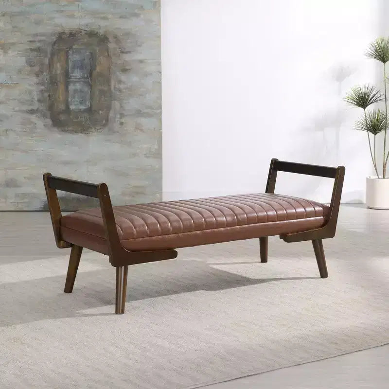 Panca Contenitore Imbottita "Channel Tufted" in Similpelle da 52" con Gambe in Noce in Stile Mid-Century