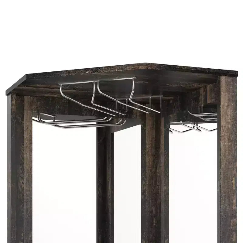 Mobile angolare da bar rustico alto 183 cm con anta scorrevole, specchio in acrilico, portabicchieri e portabottiglie, Noce