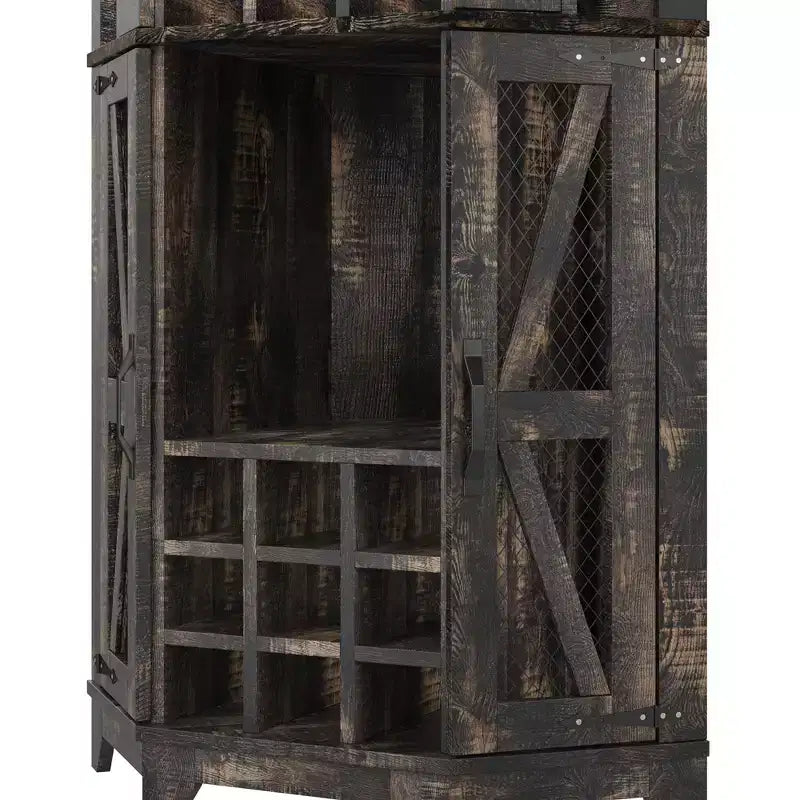 Mobile angolare da bar rustico alto 183 cm con anta scorrevole, specchio in acrilico, portabicchieri e portabottiglie, Noce