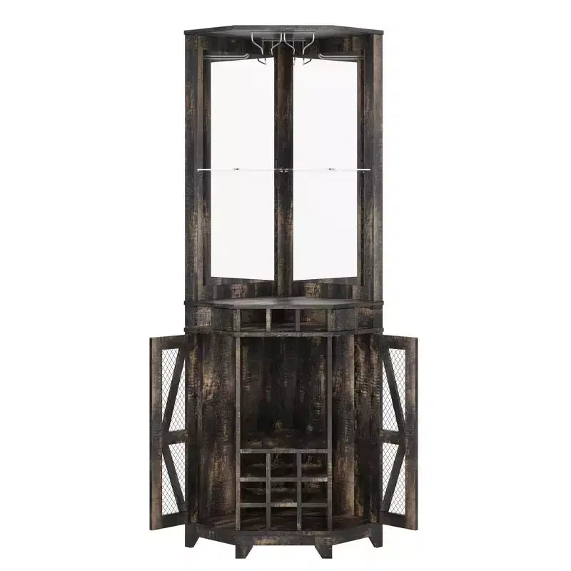Mobile angolare da bar rustico alto 183 cm con anta scorrevole, specchio in acrilico, portabicchieri e portabottiglie, Noce