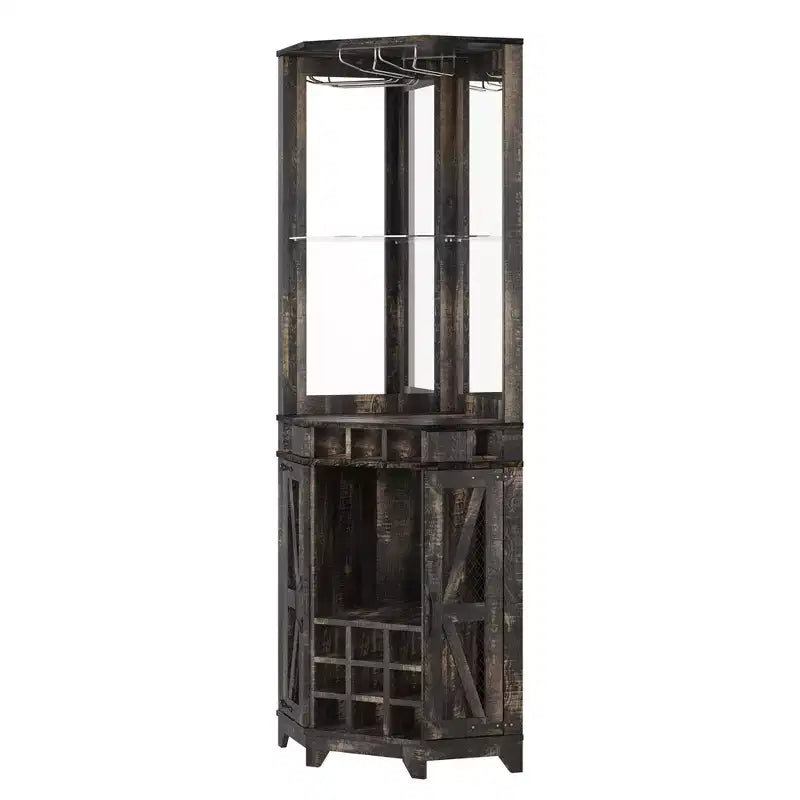 Mobile angolare da bar rustico alto 183 cm con anta scorrevole, specchio in acrilico, portabicchieri e portabottiglie, Noce