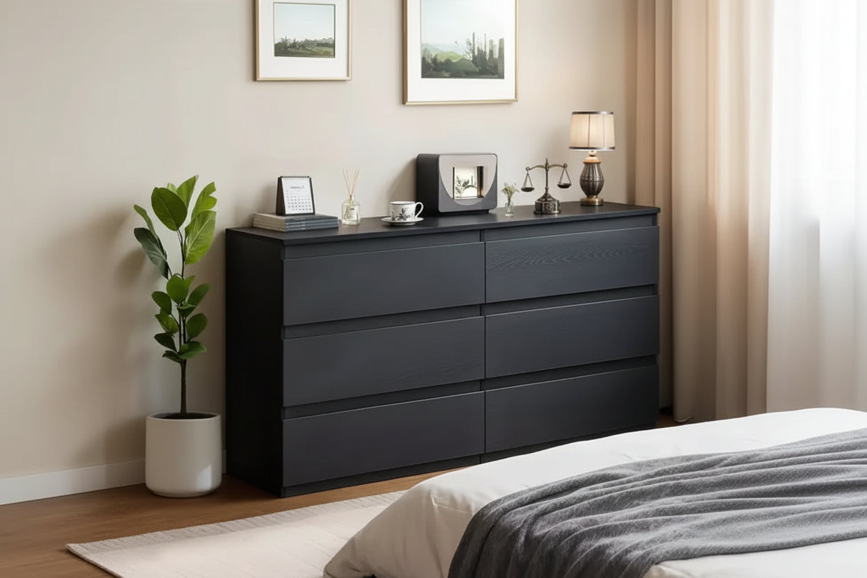 6-Drawer Black Dressing Table, Modern Bedroom Vanity, with wooden storage cabinet, featuring concealed handles and 6 deep drawers