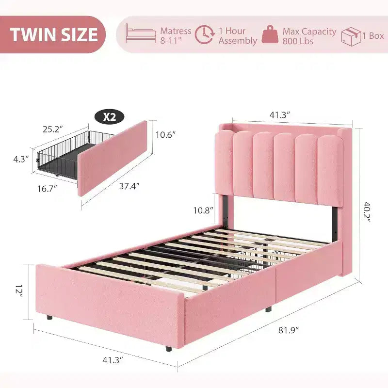 Letto matrimoniale singolo (Twin Size) con luci LED, testiera contenitore con 2 cassetti, testiera ondulata chic con libreria, base per materasso con doghe in legno