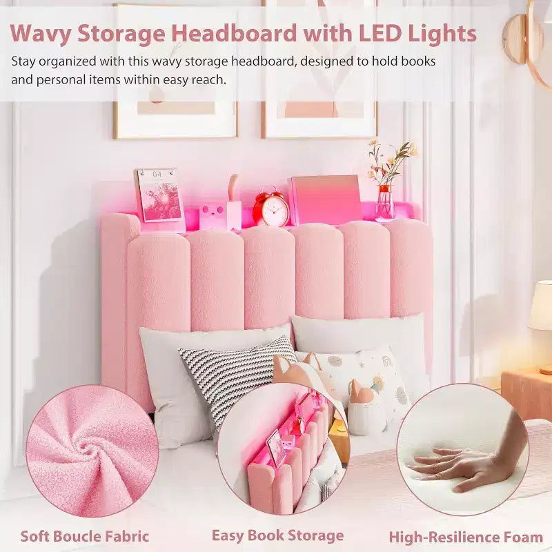 Letto matrimoniale singolo (Twin Size) con luci LED, testiera contenitore con 2 cassetti, testiera ondulata chic con libreria, base per materasso con doghe in legno