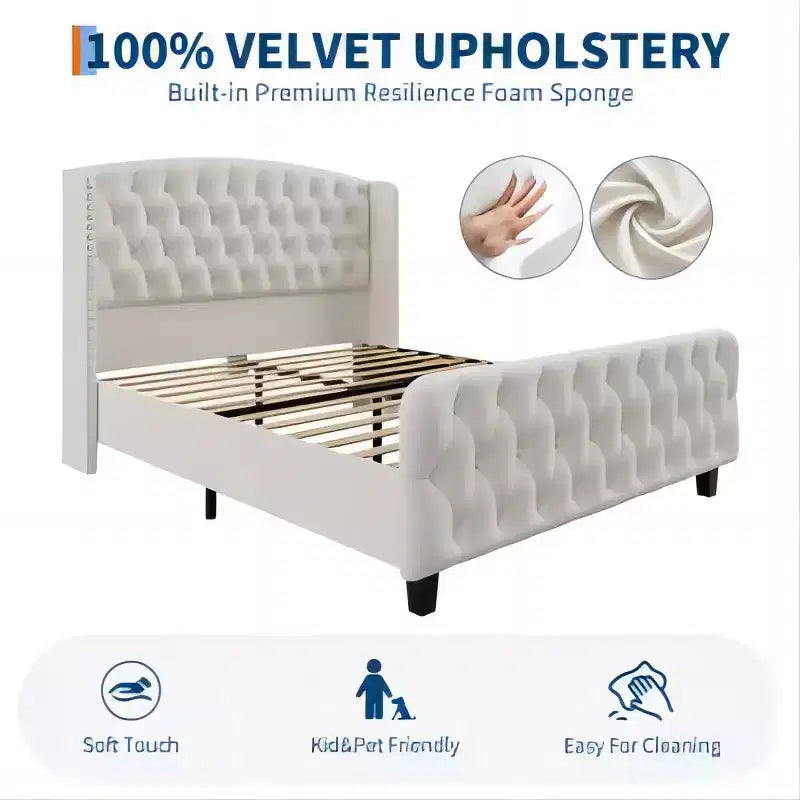 Letto imbottito con schienale alto e bottoni diamantati, moderno giroletto alto, legno massello con morbido e confortevole velluto-spugna, mobili per camera da letto