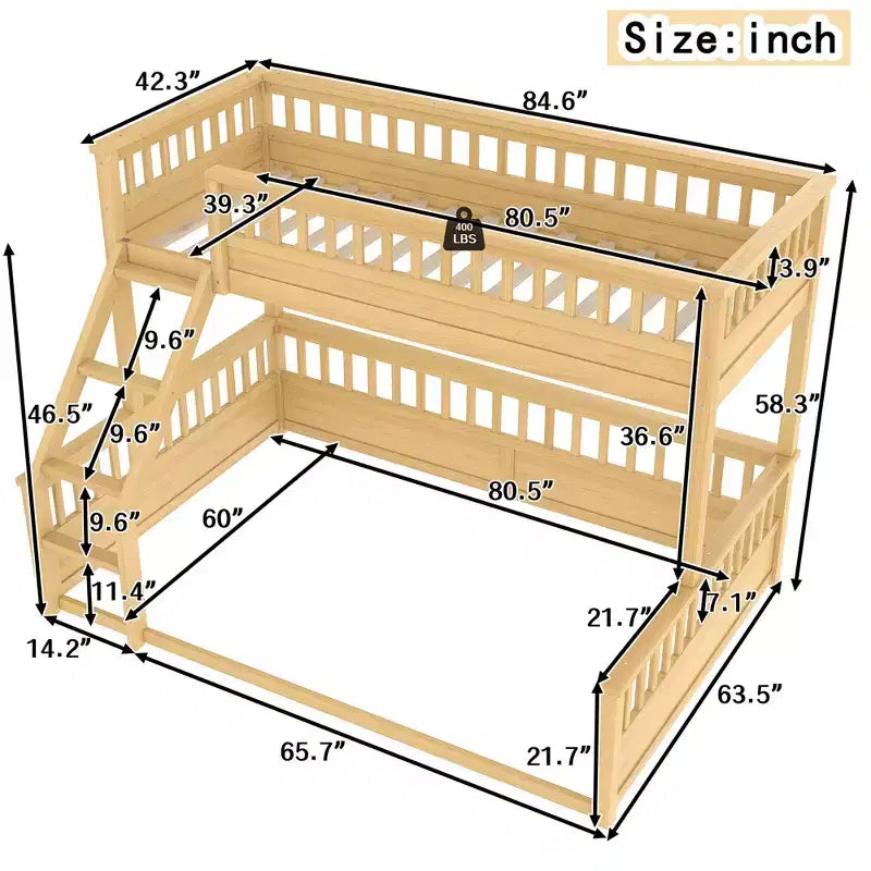 Letto a castello Twin XL/Full XL su Queen con scaletta e sponde di protezione