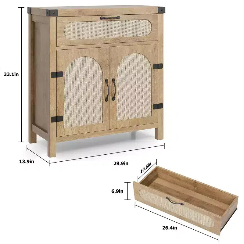 Madia credenza in legno naturale con ante in rattan, cassetto e ripiano regolabile