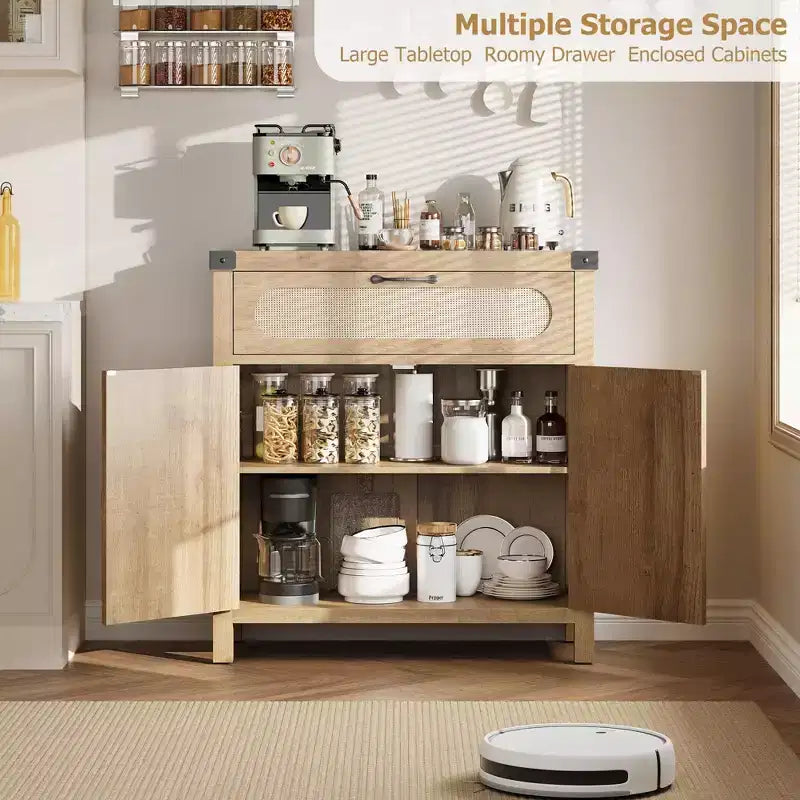 Madia credenza in legno naturale con ante in rattan, cassetto e ripiano regolabile
