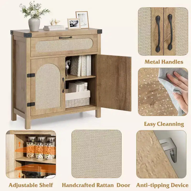Madia credenza in legno naturale con ante in rattan, cassetto e ripiano regolabile