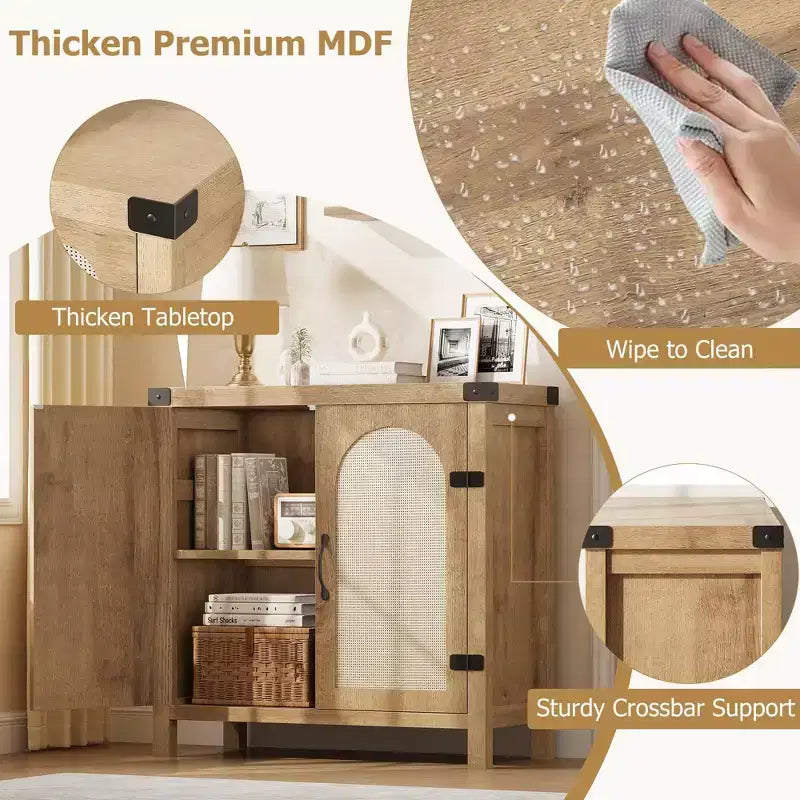 Madia credenza in legno naturale con ante in rattan, cassetto e ripiano regolabile