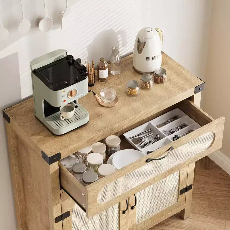 Madia credenza in legno naturale con ante in rattan, cassetto e ripiano regolabile