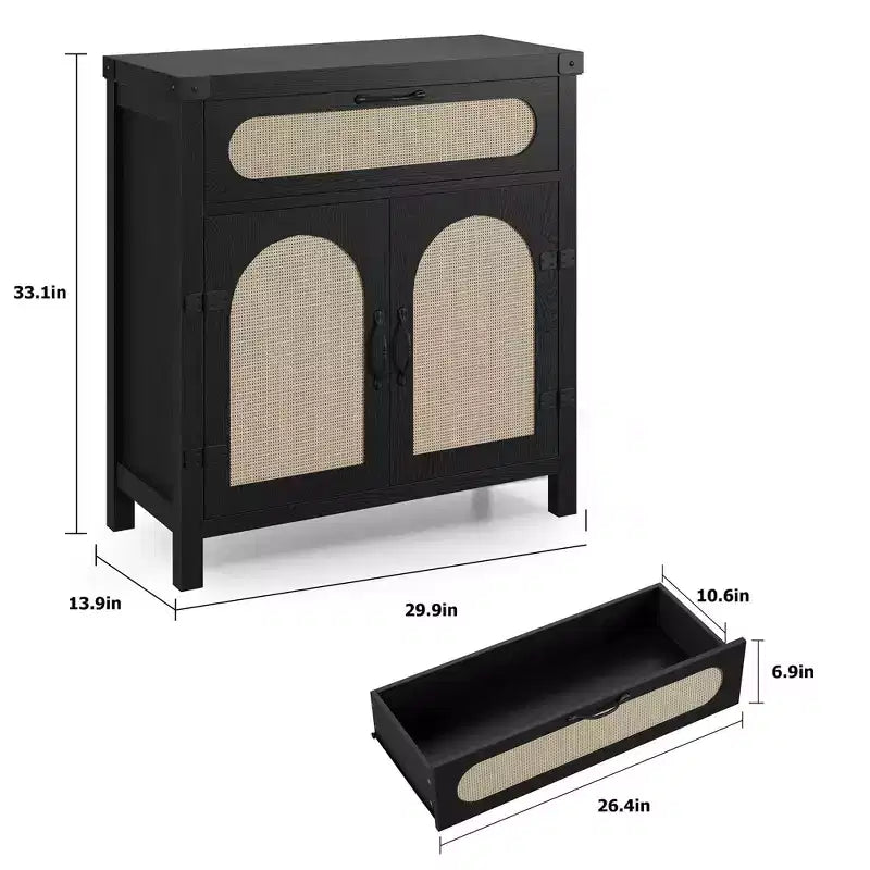 Madia credenza in legno naturale con ante in rattan, cassetto e ripiano regolabile