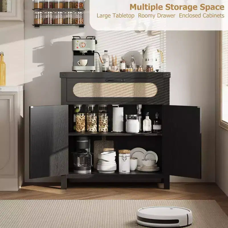 Madia credenza in legno naturale con ante in rattan, cassetto e ripiano regolabile