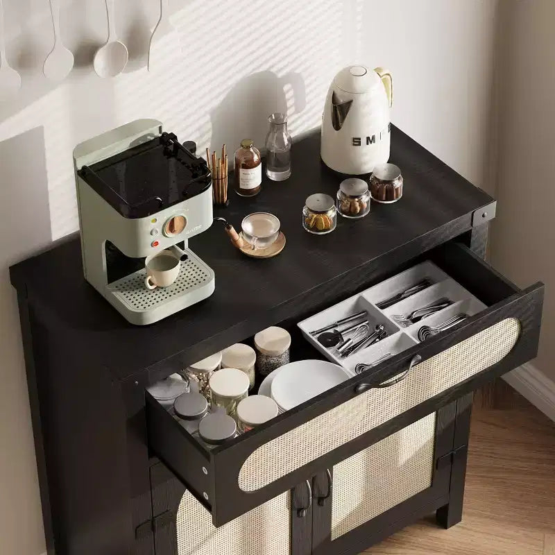 Madia credenza in legno naturale con ante in rattan, cassetto e ripiano regolabile