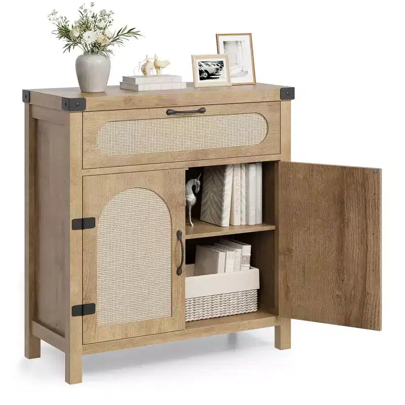 Madia credenza in legno naturale con ante in rattan, cassetto e ripiano regolabile
