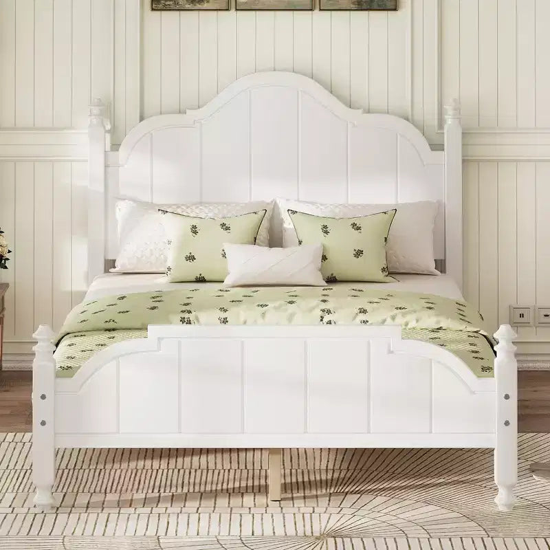 Letto a piattaforma matrimoniale vintage in legno massiccio con testiera e supporto a doghe