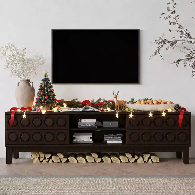 Mobile TV moderno stile mid-century con 4 cassetti e gestione cavi, marrone scuro, adatto per TV fino a 75"
