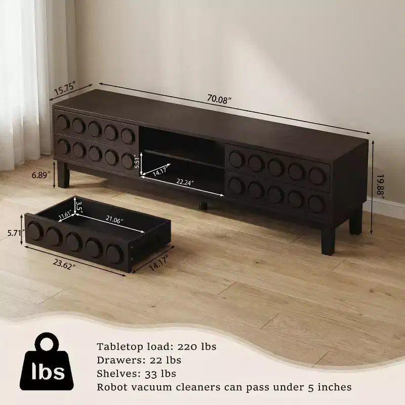 Mobile TV moderno stile mid-century con 4 cassetti e gestione cavi, marrone scuro, adatto per TV fino a 75"