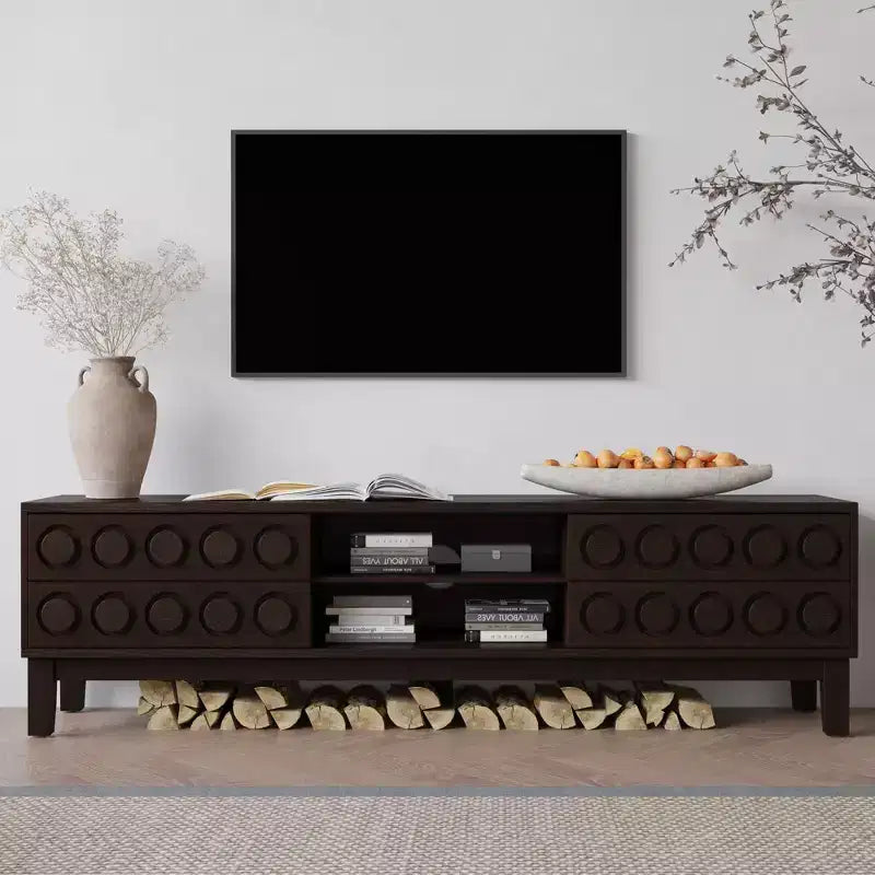Mobile TV moderno stile mid-century con 4 cassetti e gestione cavi, marrone scuro, adatto per TV fino a 75"