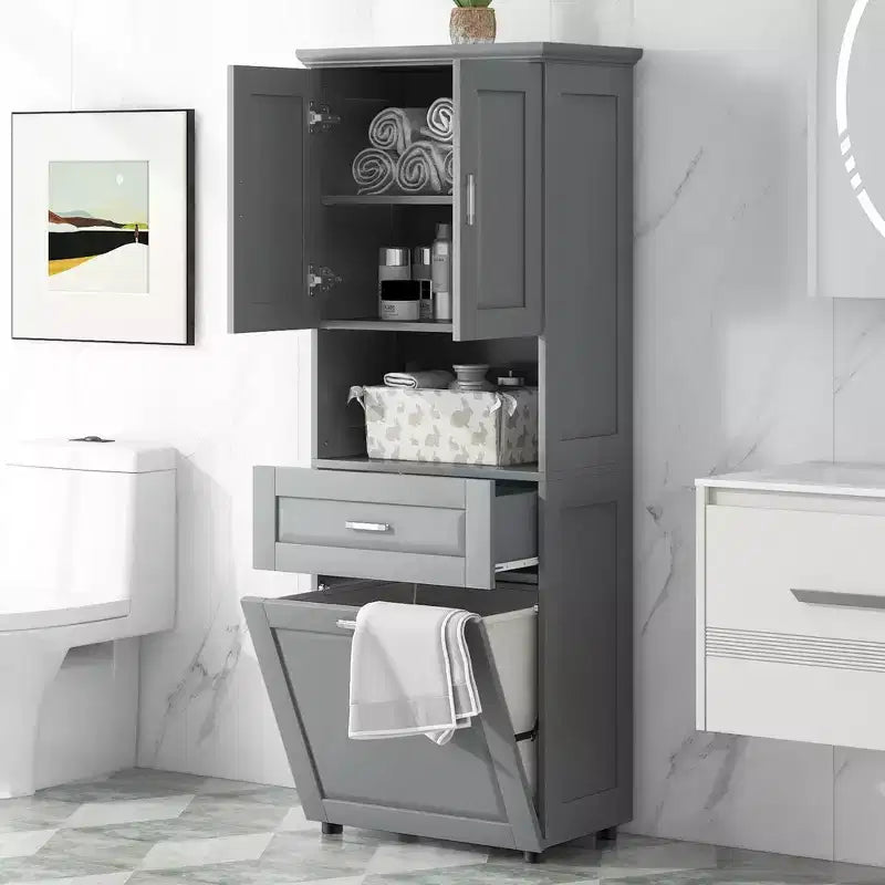 Mobile Contenitore Alto da Bagno Moderno in Legno con Cesto Portabiancheria Inclinabile, Doppie Ante e Cassetto