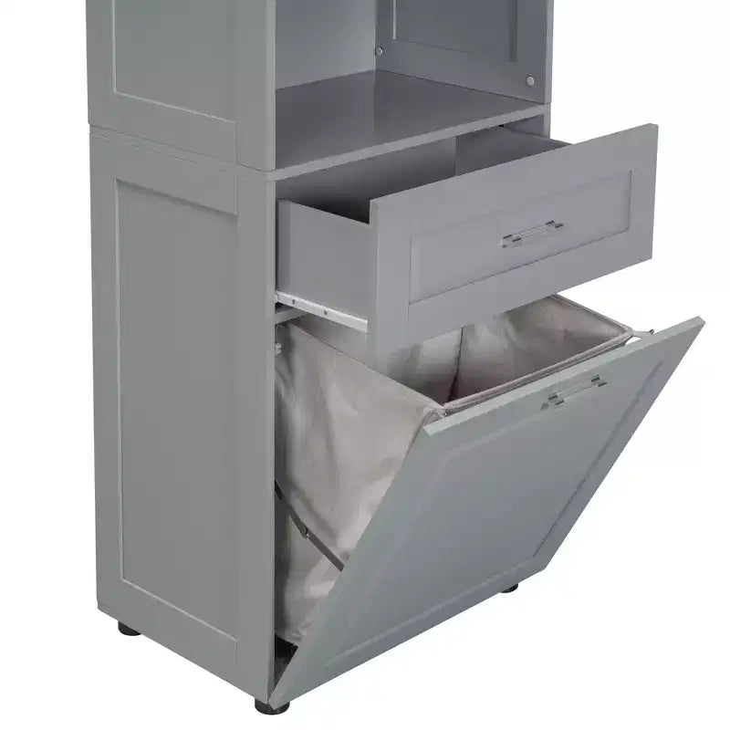 Mobile Contenitore Alto da Bagno Moderno in Legno con Cesto Portabiancheria Inclinabile, Doppie Ante e Cassetto